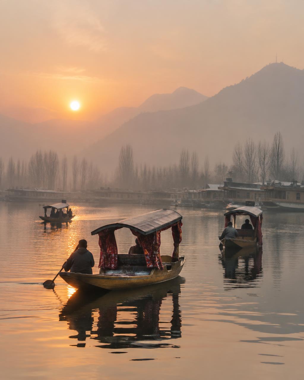 Shikara boats at sunrise on Dal Lake, Kashmir