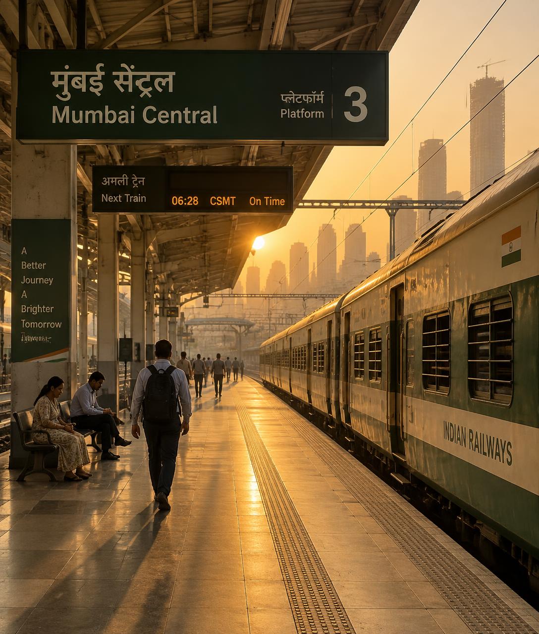 Golden-hour railway platform at an Indian station
